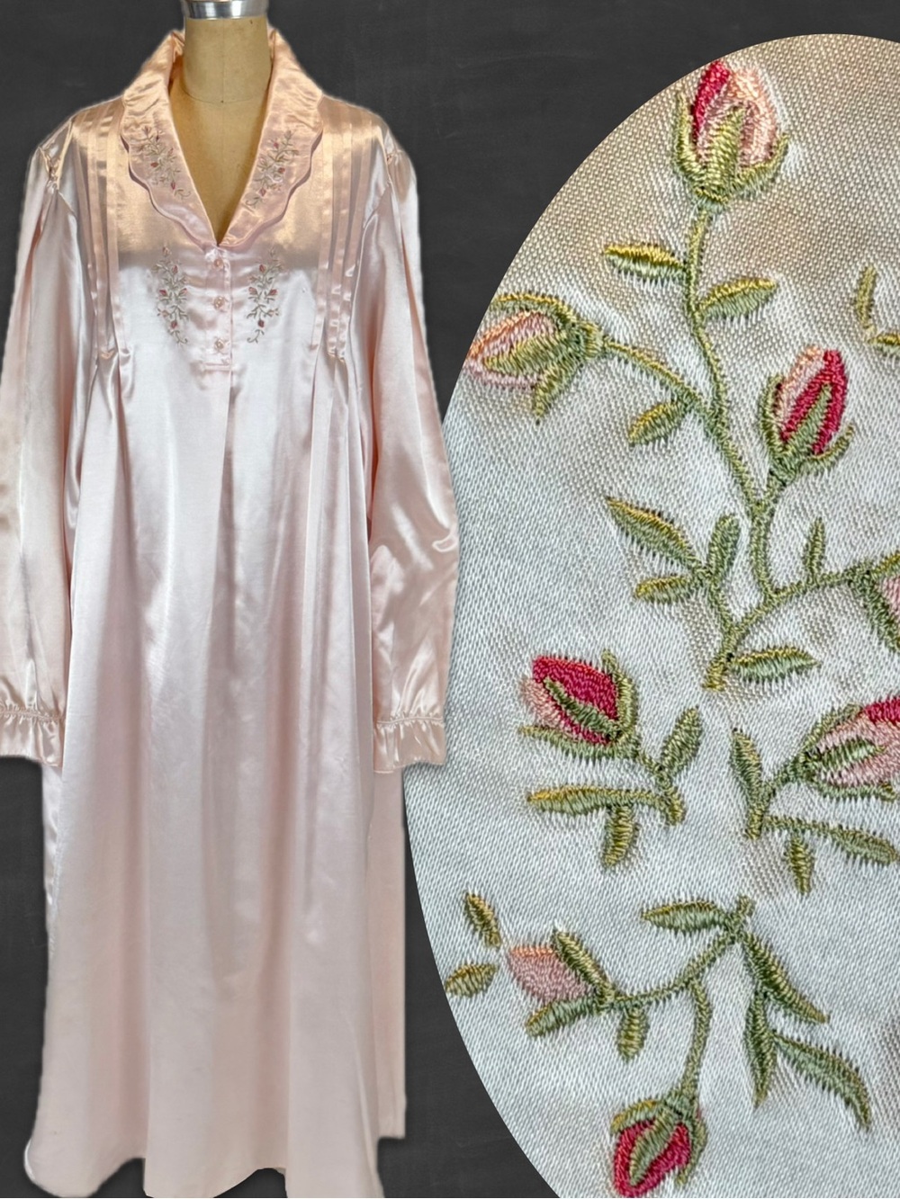 VINTAGE silky maxi nightgown flannel lined long sleeve ruffle embroidered floral